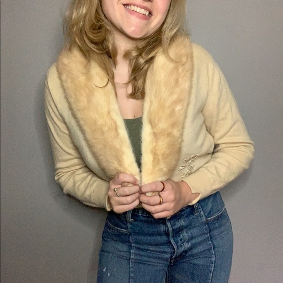 Sweaters - Vintage Real Fur Trimmed Cardigan Sweater